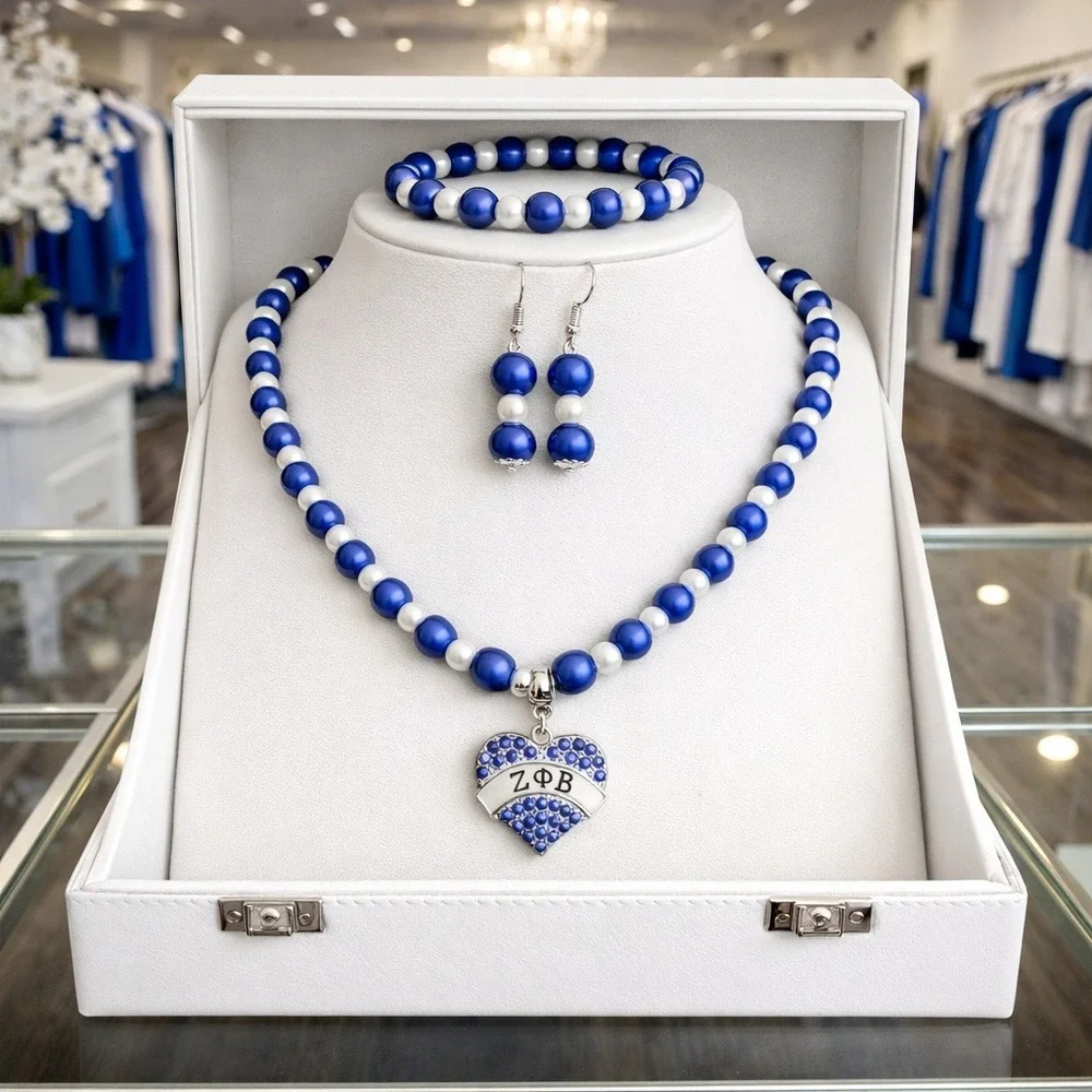 Zeta Phi Beta Jewelry Set Blue and white Necklace, Bracelet and‎ Earrings